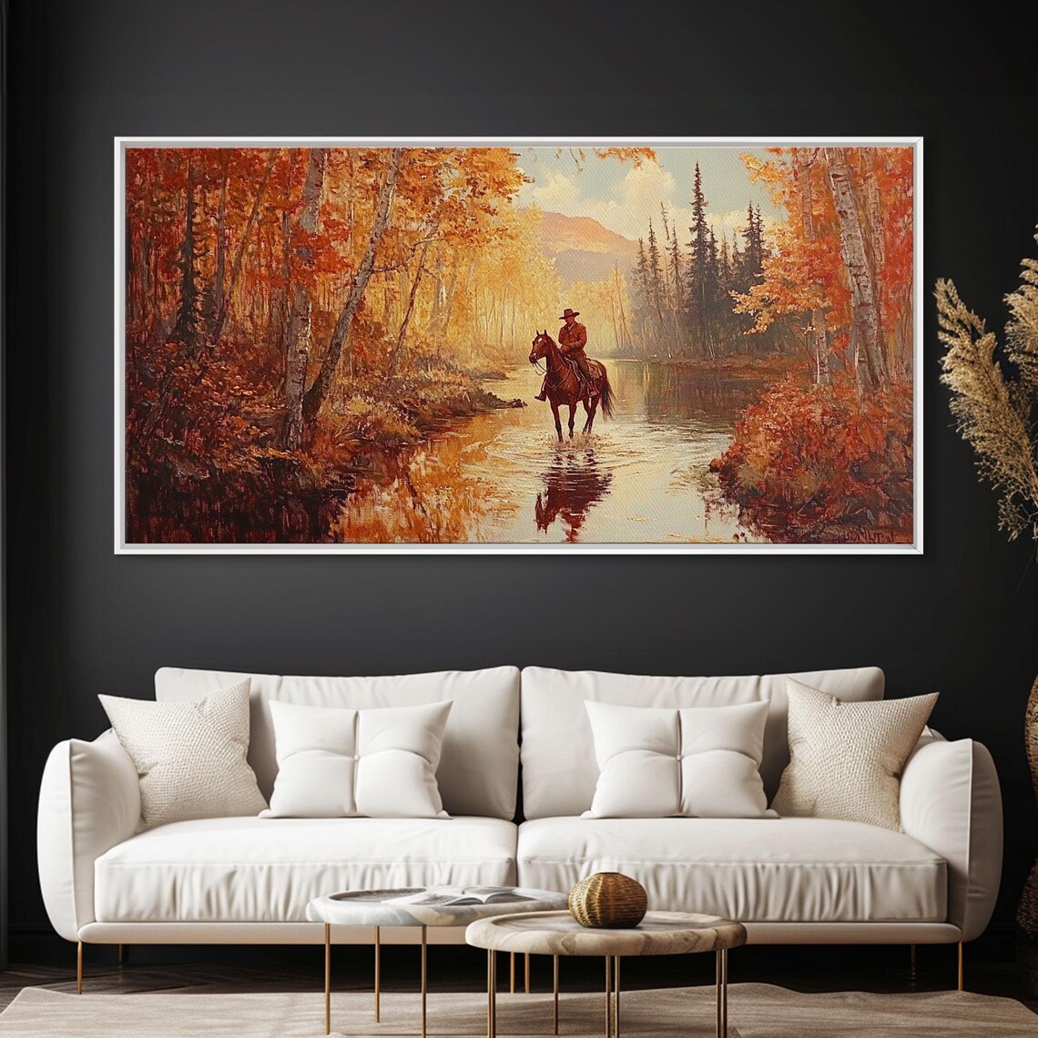 Autumn Cowboy Riding Horse Through River Golden Forest Trail Poster - Image 4