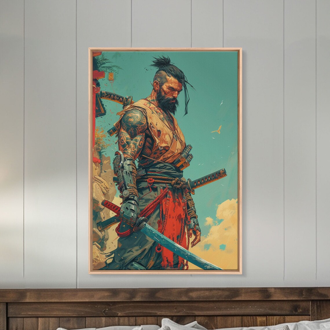Tattooed Samurai Warrior Ink Punk Poster with Swords on Teal Art