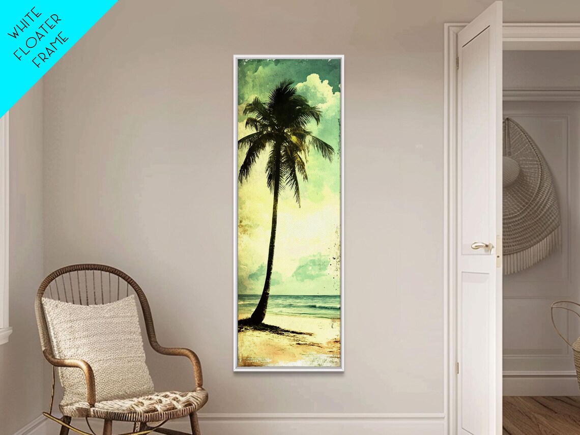 Tall Palm Tree Beach Vintage Green Coastal Waves Surf Wall Art - Image 6