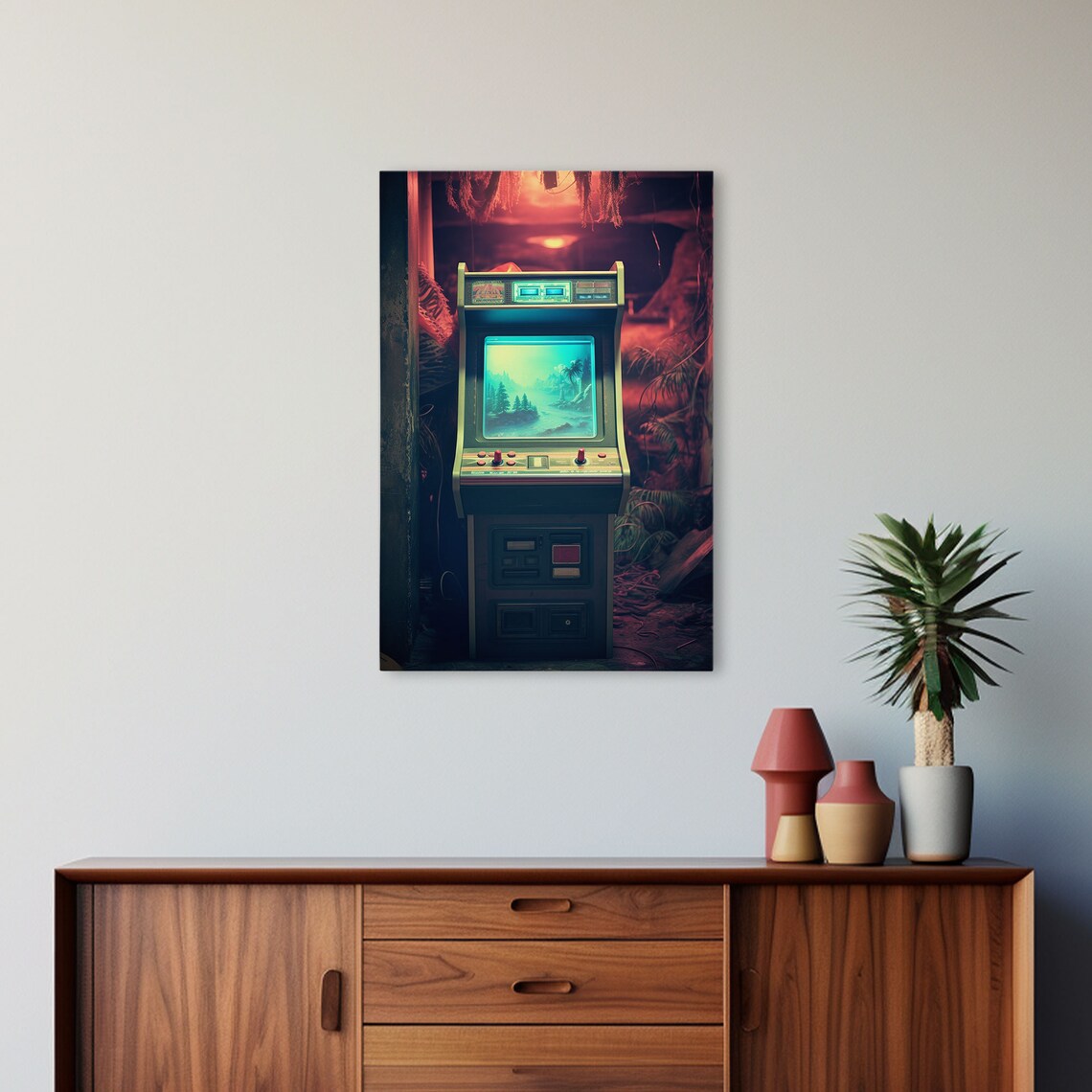 Retro Arcade Cabinet In Neon Red Dark Room Vintage Gaming Photo Poster - Image 4