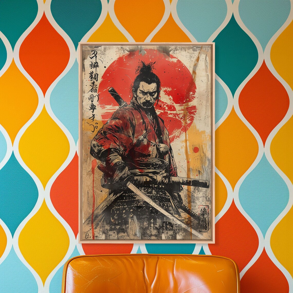 Vintage Samurai Katanas Red Sun Splatter Japanese Grunge Wall Art - Image 2