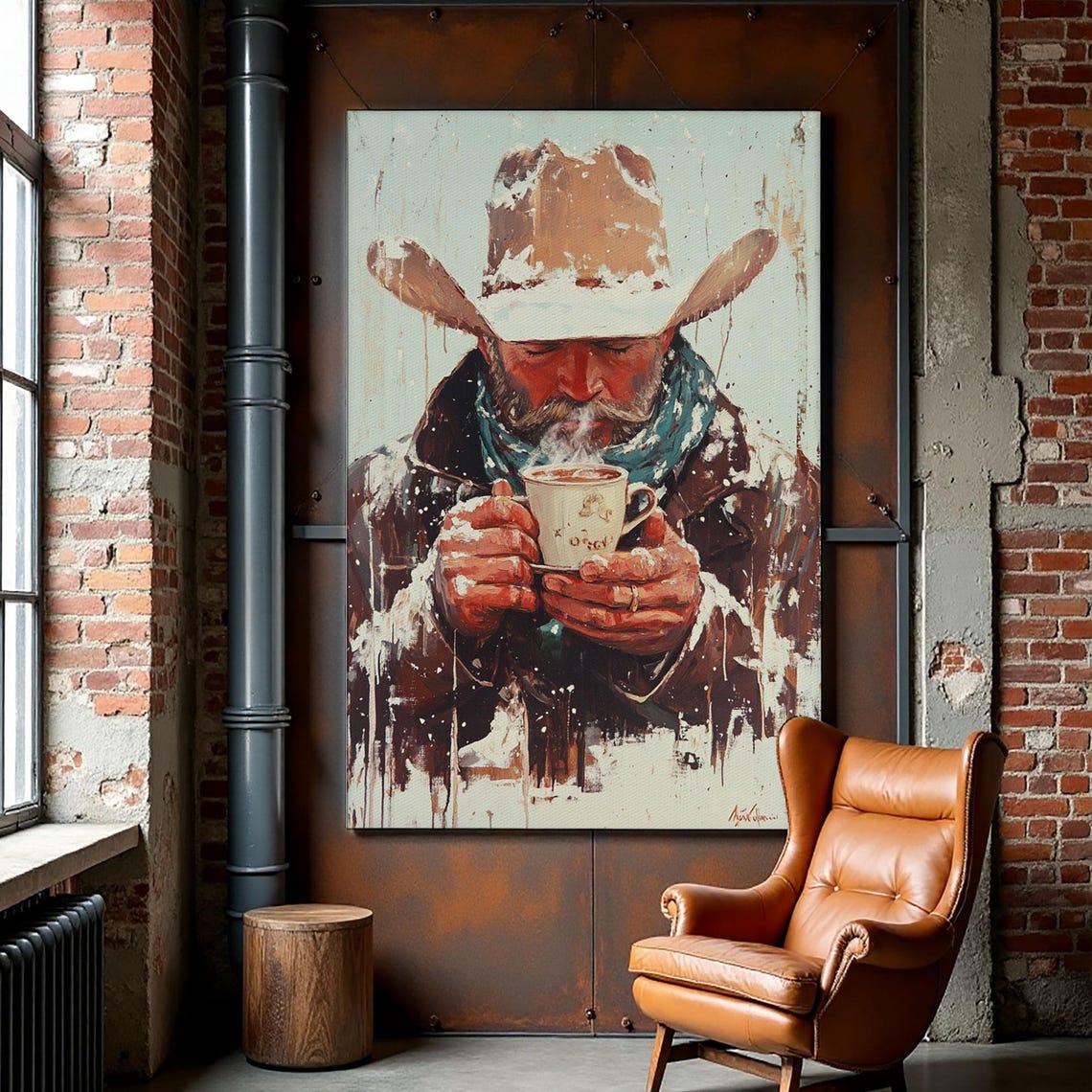 Cowboy Warming Hands On Steaming Mug Snowy Painterly Portrait Poster - Image 4