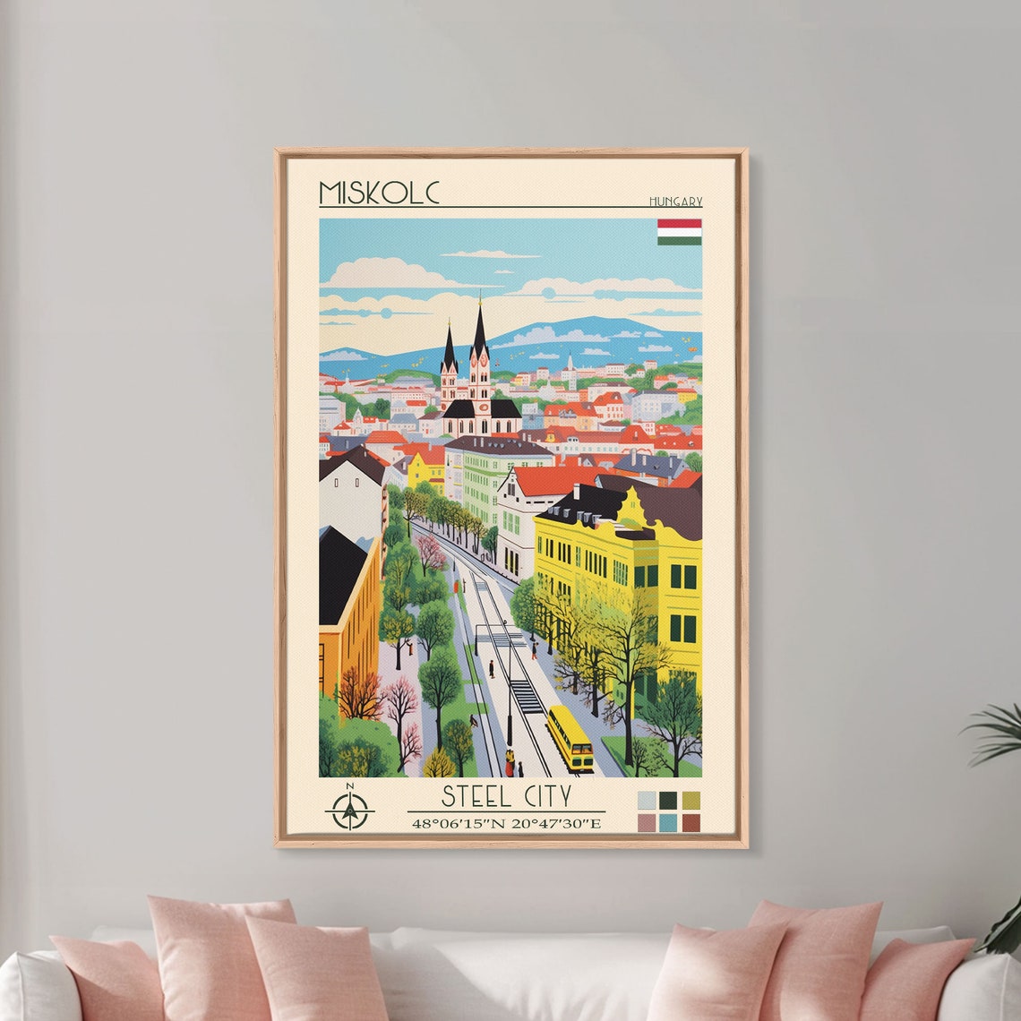 Miskolc Hungary Tram Street Church Spires Hillside City Travel Poster