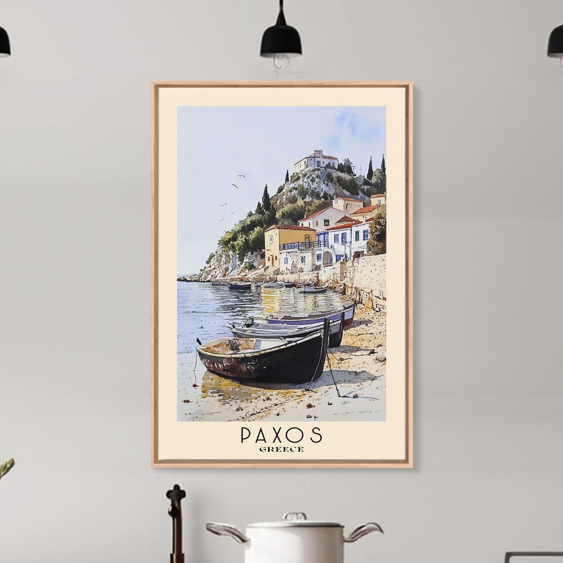 Paxos Greece Harbor Fishing Boats Village Hillside Watercolor Poster - Image 6