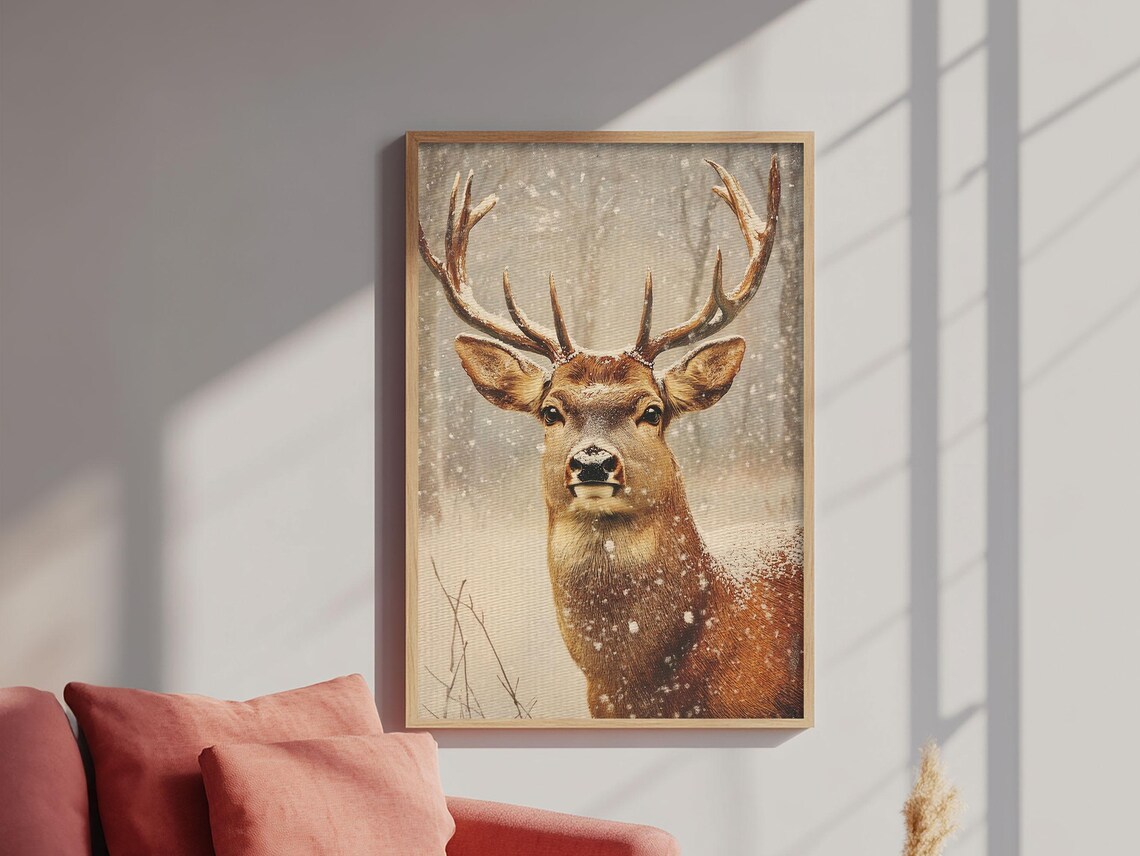 Stag Deer In Falling Snow Antlers Winter Woodland Animal Art Poster