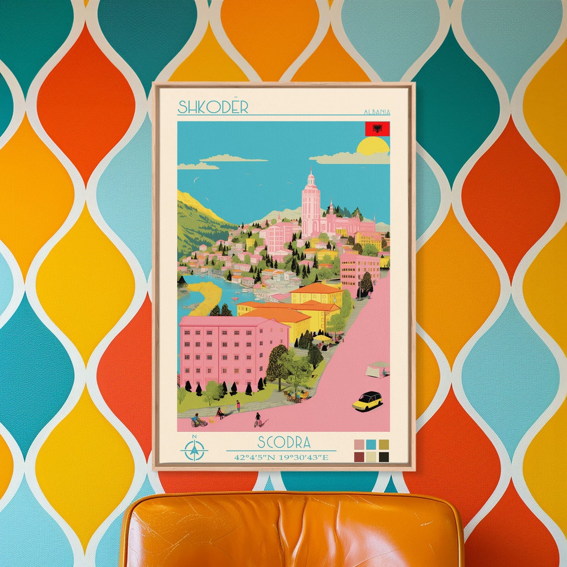 Shkoder Albania Lakeside Old Town Clock Tower Hills View Travel Poster - Image 2