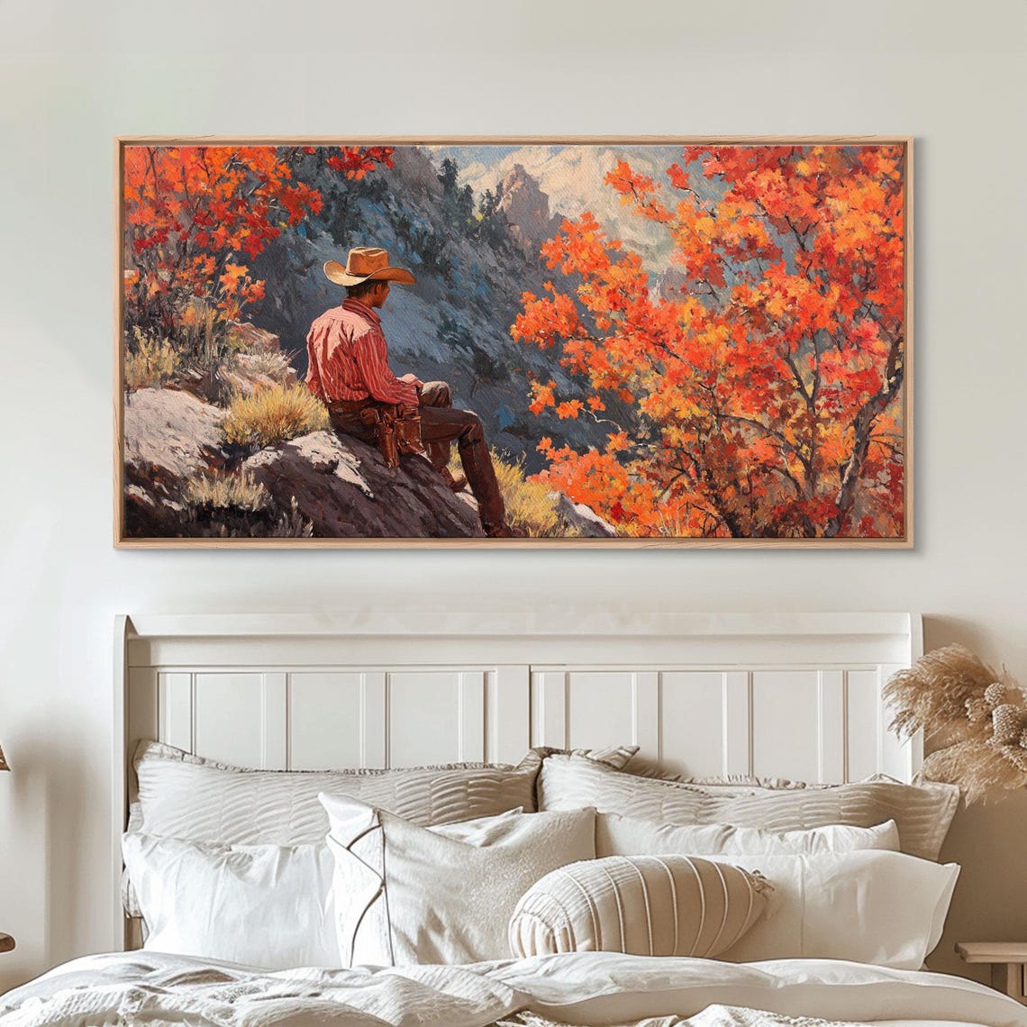 Cowboy Sitting On A Rocky Cliff Overlooking Autumn Mountains Print - Image 6