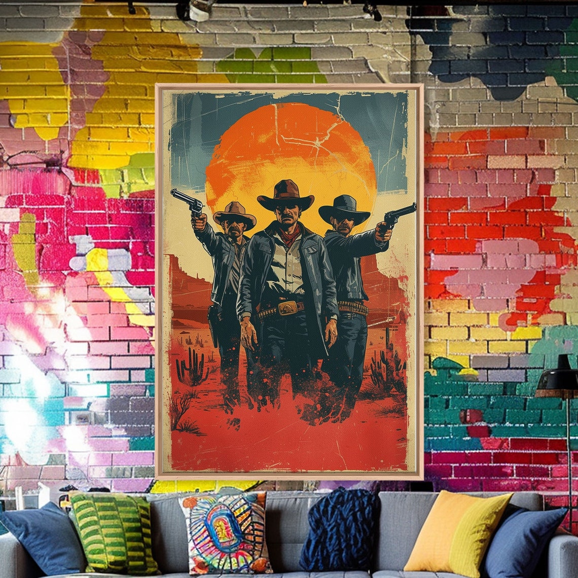 Three Cowboys Revolvers Desert Sunset Vintage Western Style Poster - Image 3