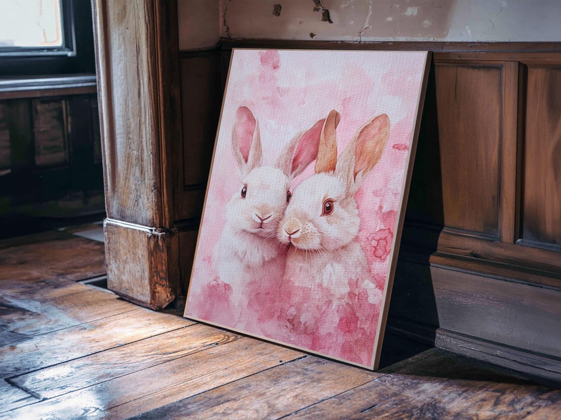 Two White Bunnies Cuddling Sweet Pink Watercolor Animal Wall Art - Image 5