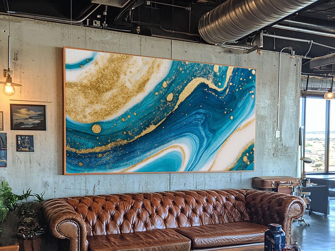 Blue White Gold Marble Abstract Swirl Statement Centerpiece Wall Art - Image 5