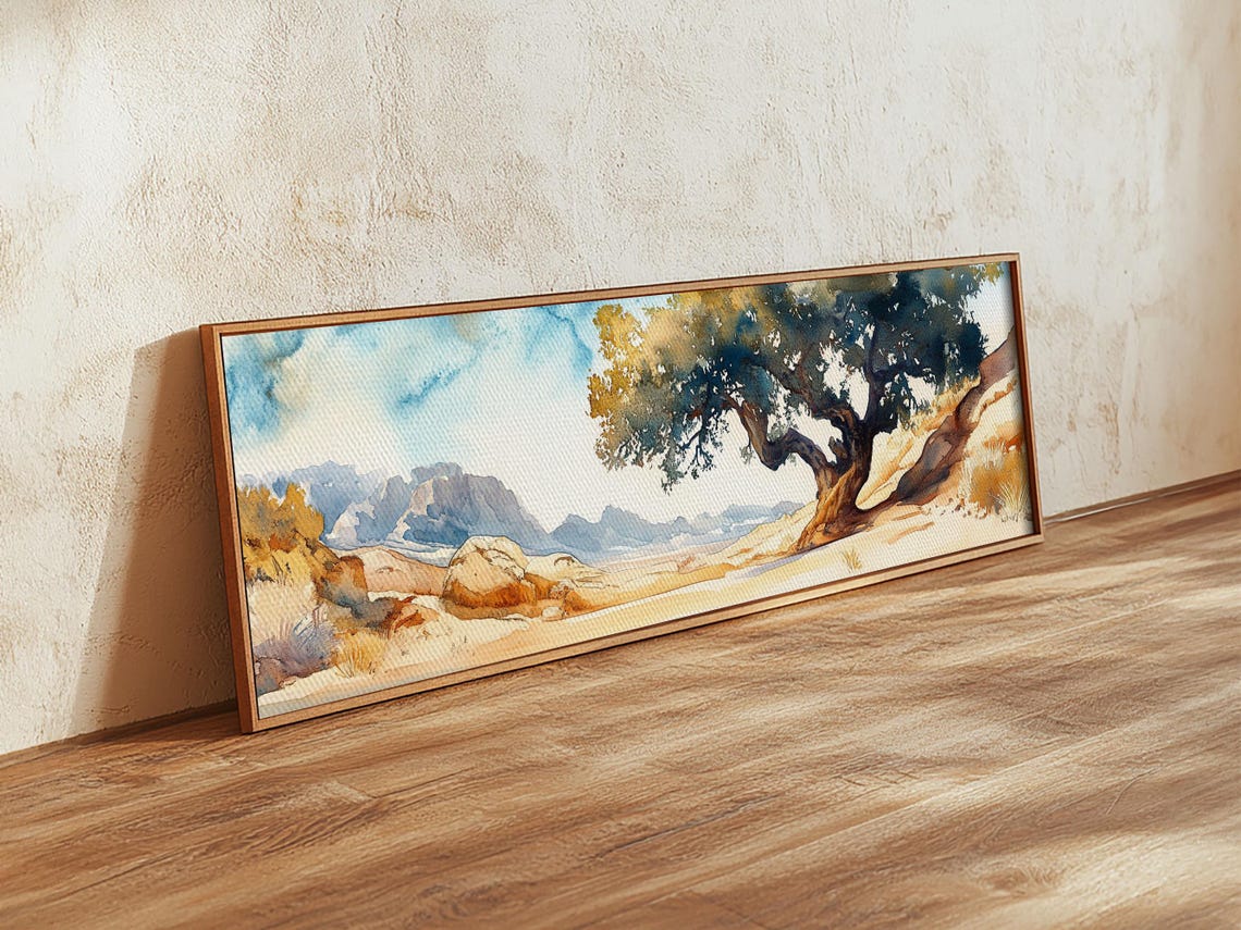Desert Tree Rocky Hillside Watercolor Panoramic Minimalist Wall Poster - Image 5