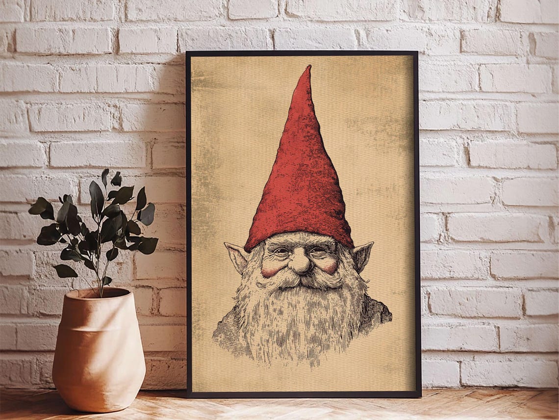 Gnome Portrait Red Hat Sepia Sketch Vintage Christmas Character Poster - Image 6