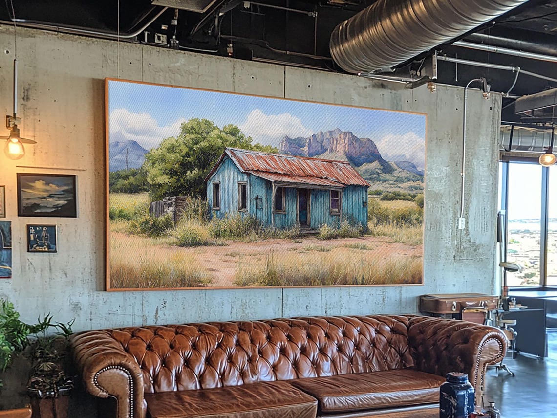 Abandoned Blue Cabin In Desert Mountain Landscape Painting Wall Art - Image 5