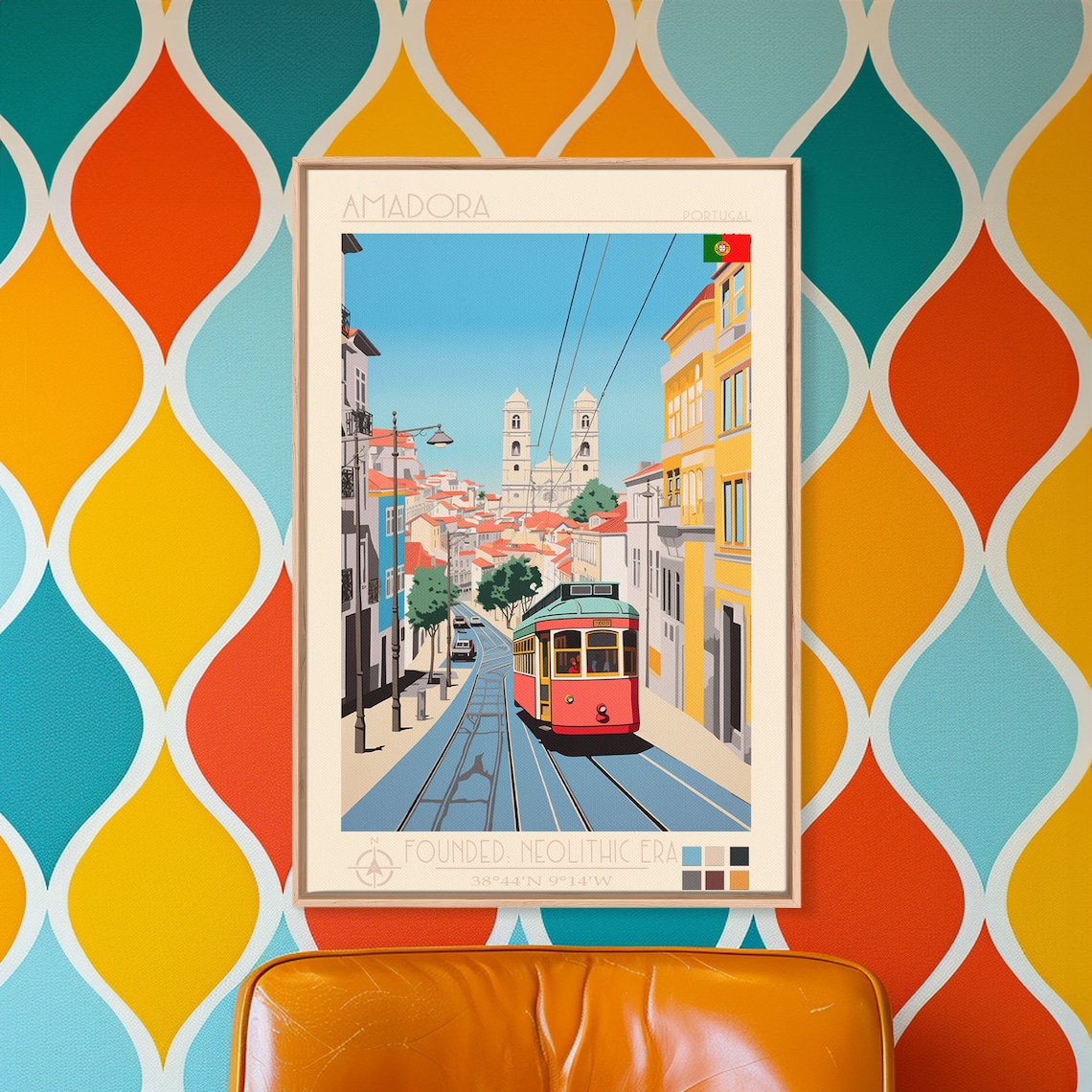 Amadora Portugal Classic Tram Steep Street Twin Tower Church Poster - Image 3