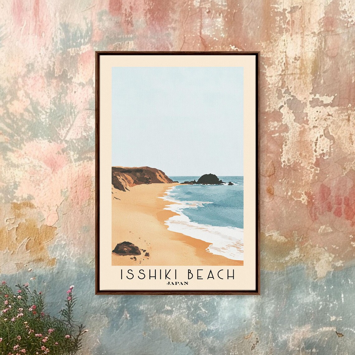 Isshiki Beach Japan Golden Sand Minimalist Cove Watercolor Travel Poster - Image 4