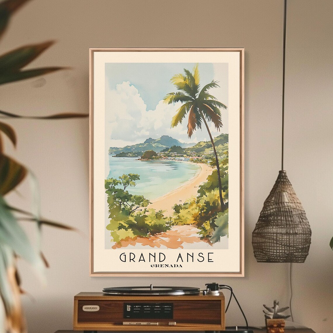 Grand Anse Grenada Crescent Bay Hilltop View Palm Watercolor Poster