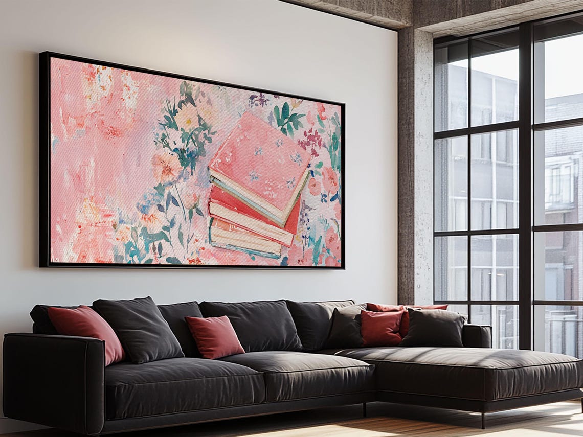 Pink Floral Books Stack Watercolor Reading Corner Library Poster