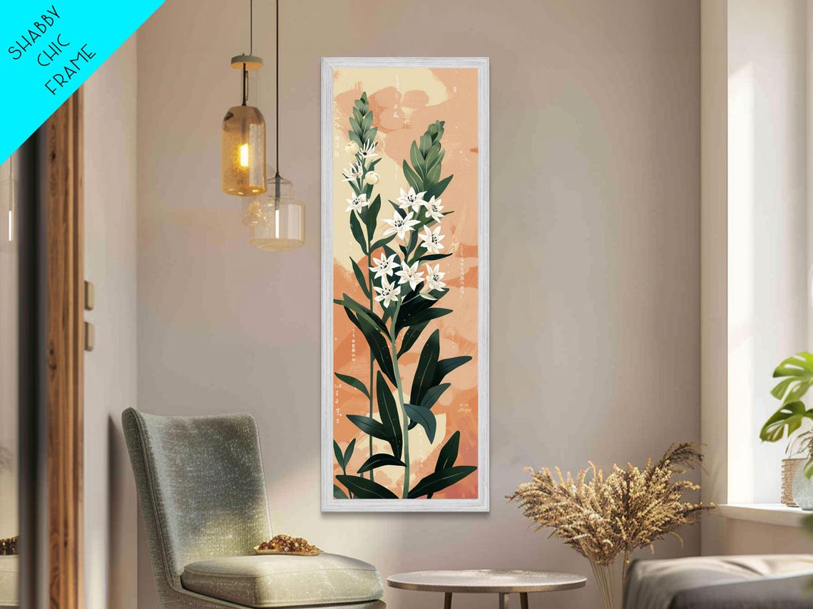 White Lily Flowers On Tall Stems Peach Background Japanese Wall Art - Image 6