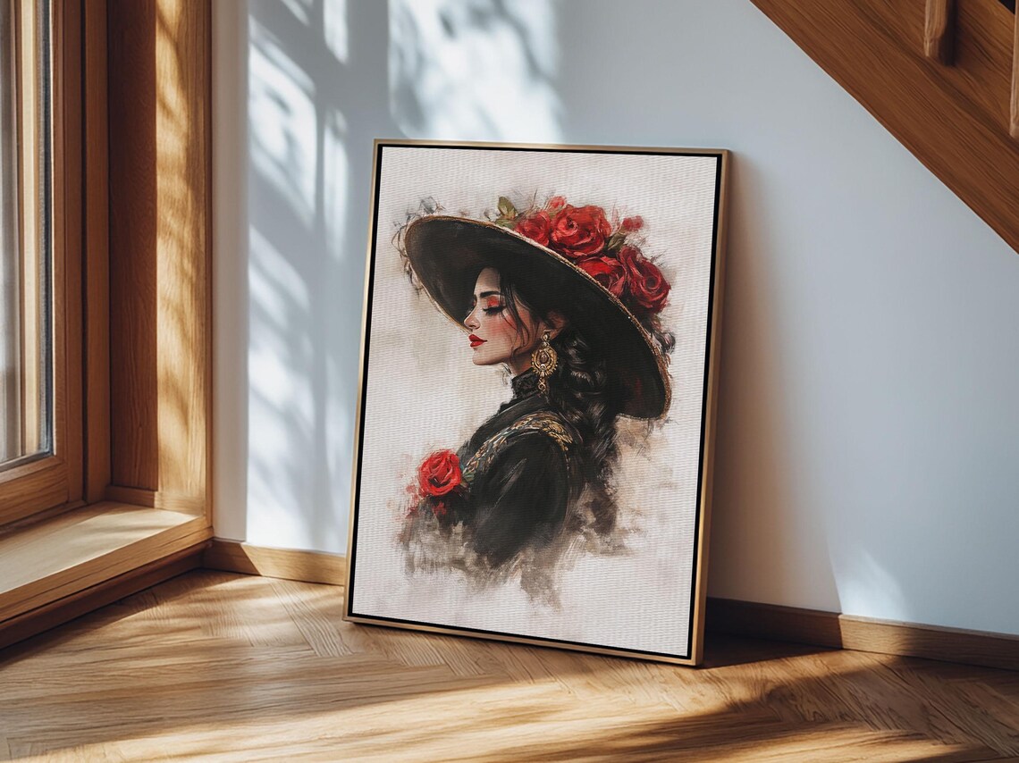 Female Matador Portrait Watercolor Black Suit Red Roses Elegant Poster - Image 2