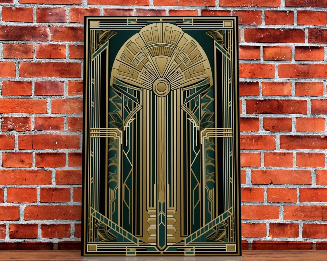 Art Deco Stained Glass Art Print, Gold Green Midcentury - Image 5
