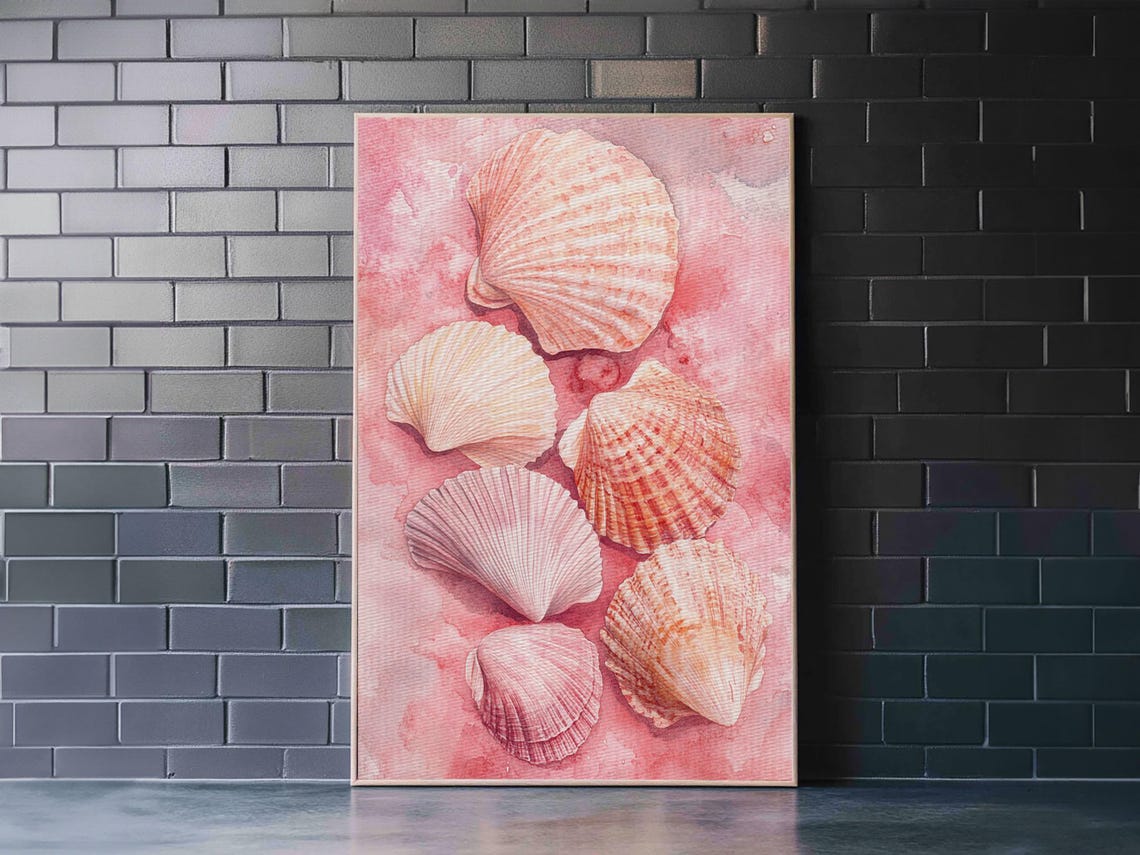 Blush Pink Scallop Seashells Watercolor Coastal Beach Wall Art Poster - Image 3