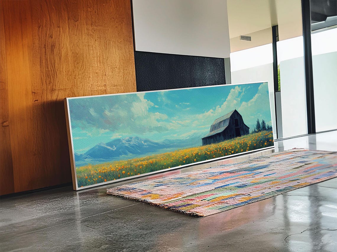Dark Barn Yellow Wildflower Field Mountain View Panoramic Art Poster - Image 2