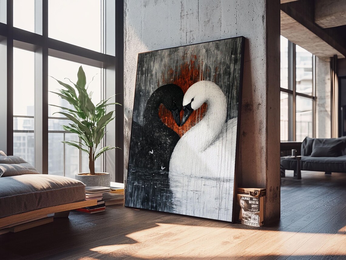 Black And White Swan Pair Heart Shape Love Romantic Couple Art Poster - Image 4