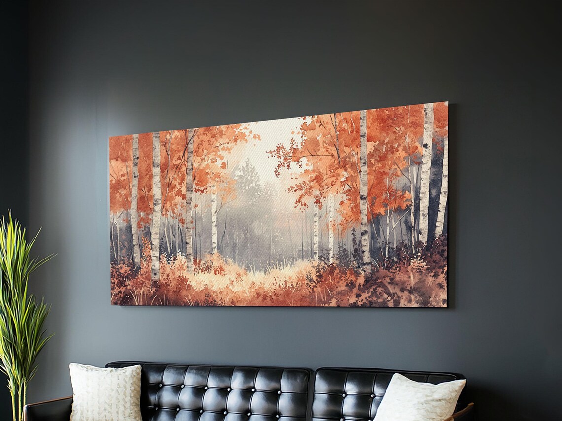 Autumn Birch Forest Misty Orange Foliage Watercolor Painting Wall Art