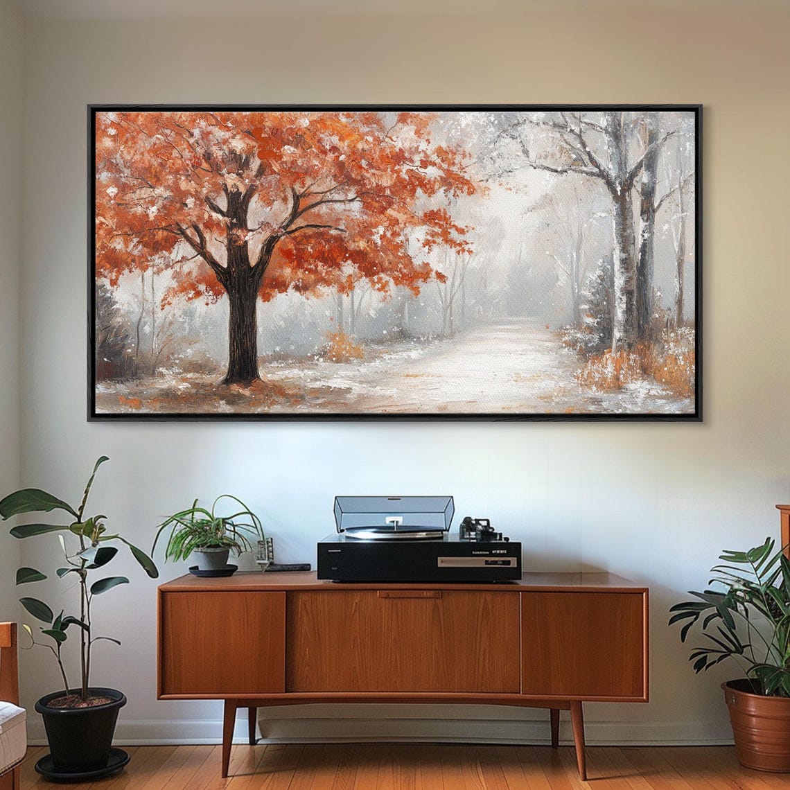 Misty Forest Path Orange Leaves Snowy Ground Fall Walk Poster - Image 6