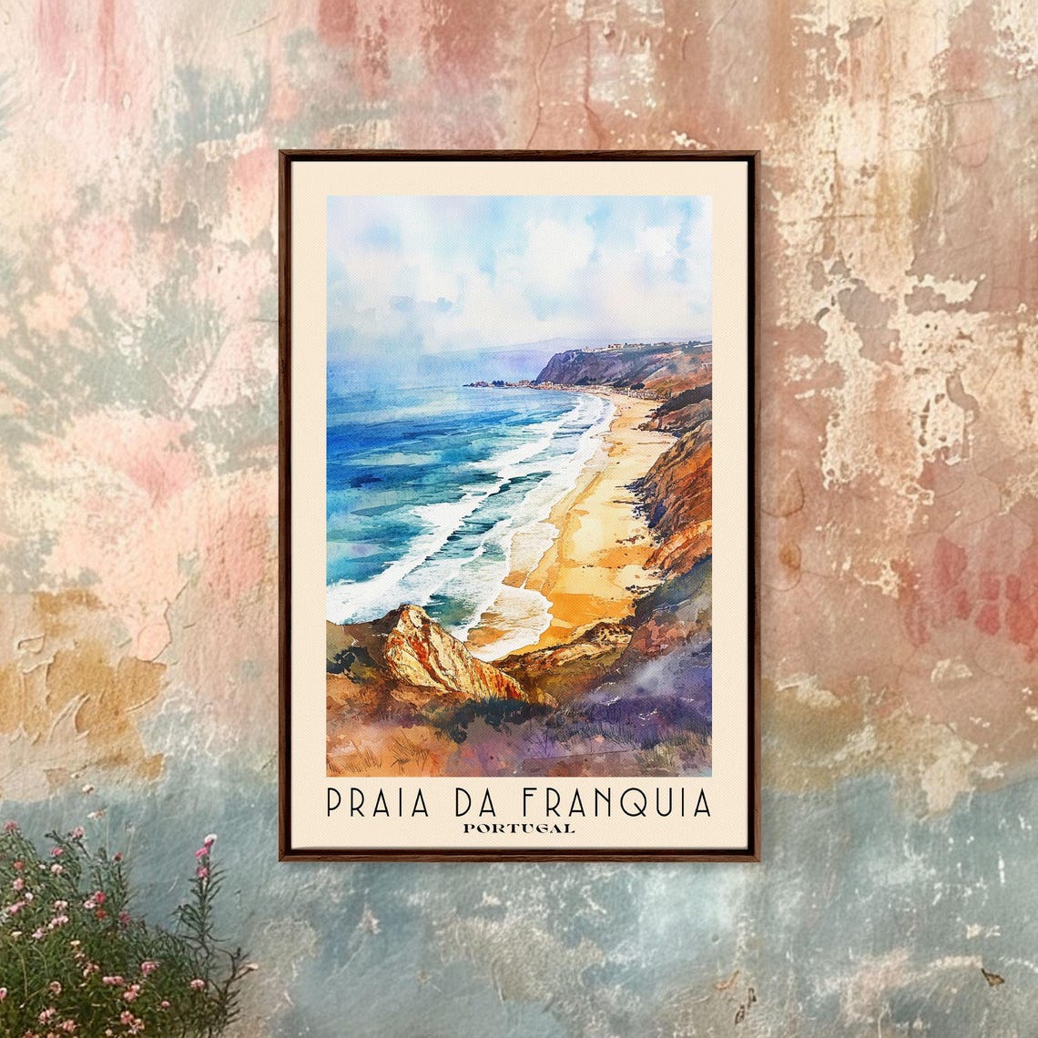 Praia Da Franquia Portugal Watercolor Print Vacation Gift Portugal Wall Art Beach Painting Beach Decor Large Wall Art Wood Frame Art
