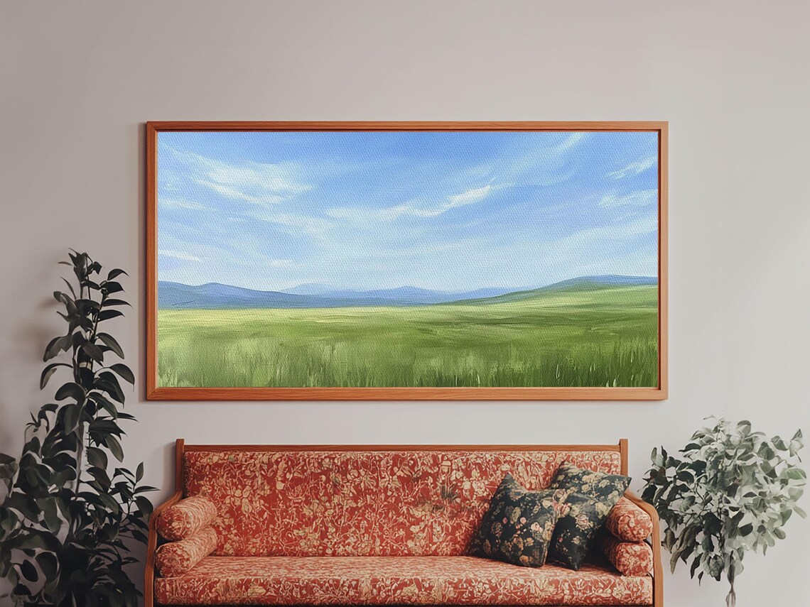 Green Meadow Under Blue Sky Minimalist Landscape Painting Wall Art - Image 3