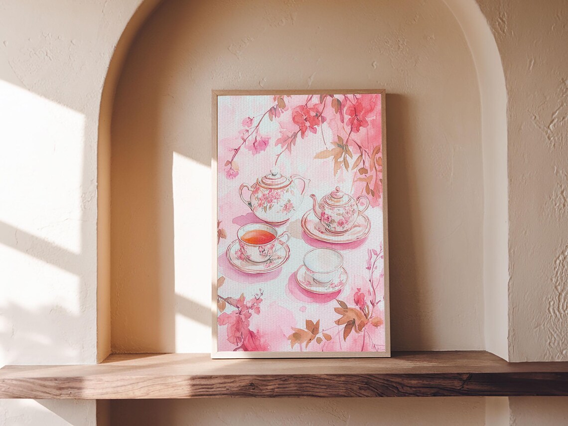Pink Floral Tea Set With Cherry Blossoms Watercolor Wall Art Print - Image 4
