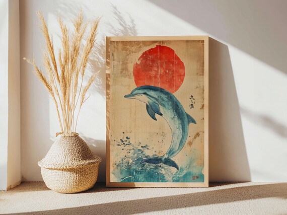 Dolphin Jumping Under A Sunset Over The Ocean Framed Print Wabi Sabi Nautical Home Decor Minimalist Wall Art Office Decor Nuevart
