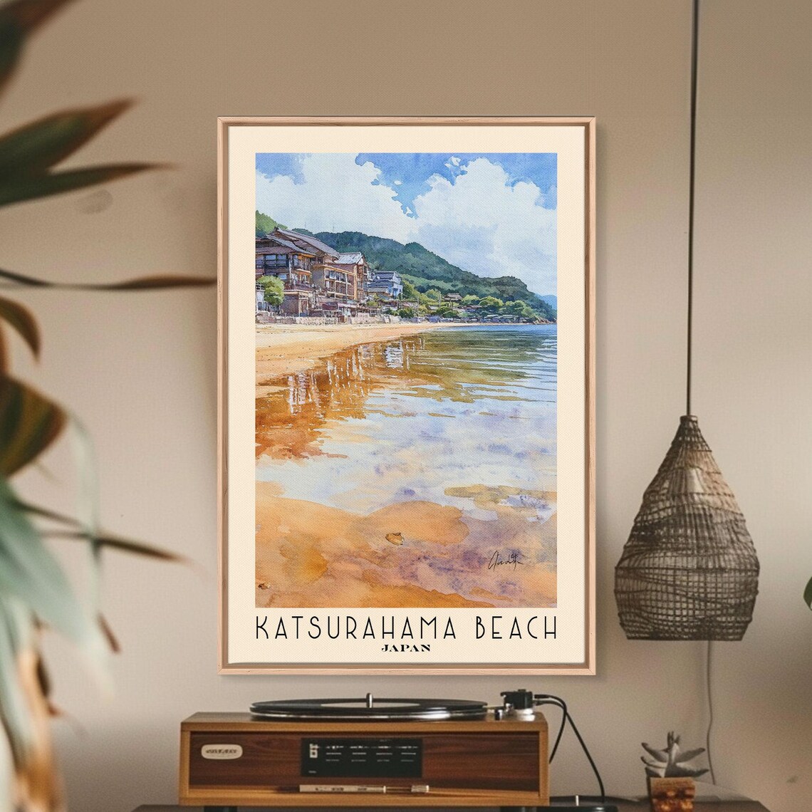Katsurahama Beach Japan Wet Sand Reflections Seaside Watercolor Poster Art