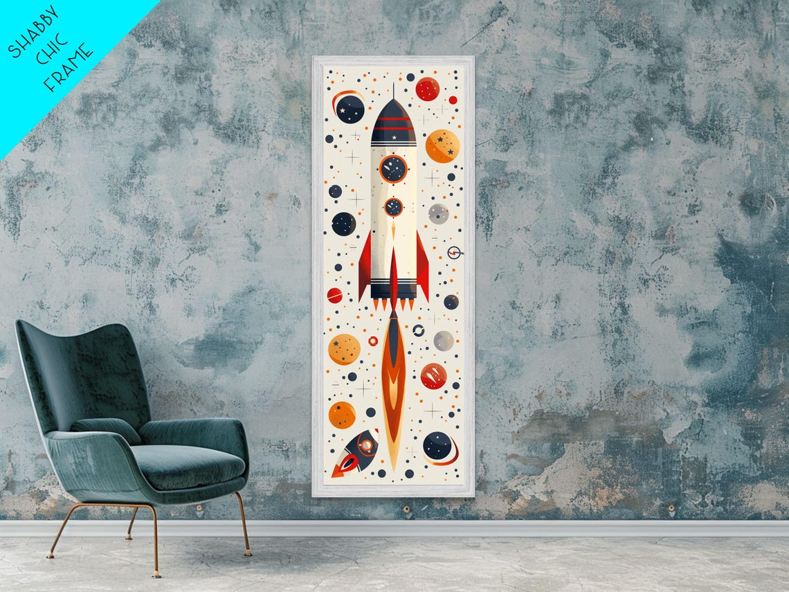Retro Atomic Age Rocket Ship With Planets And Stars Nursery Art Poster