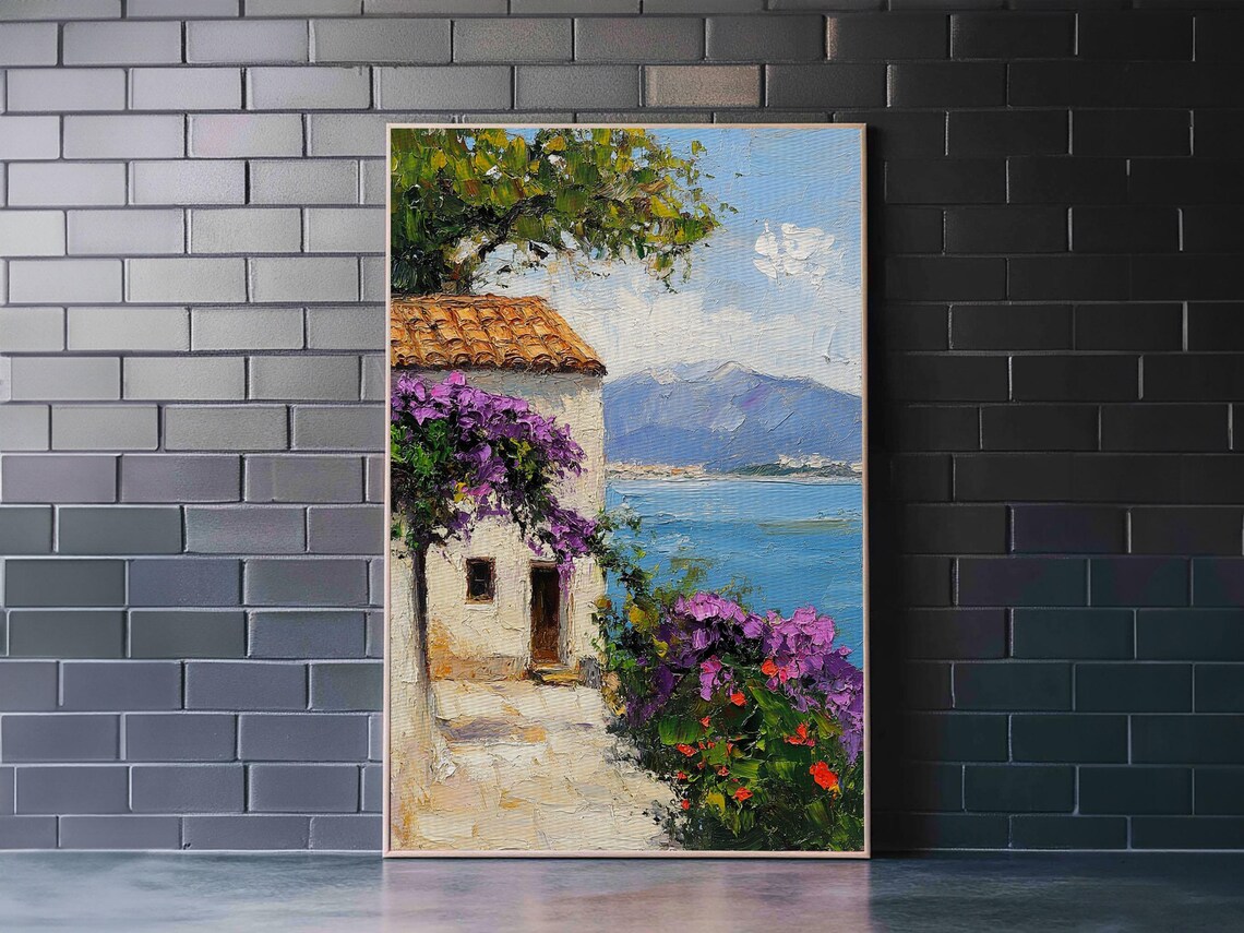 Italian Coastal Villa Sea View Bougainvillea Mediterranean Oil Print - Image 2