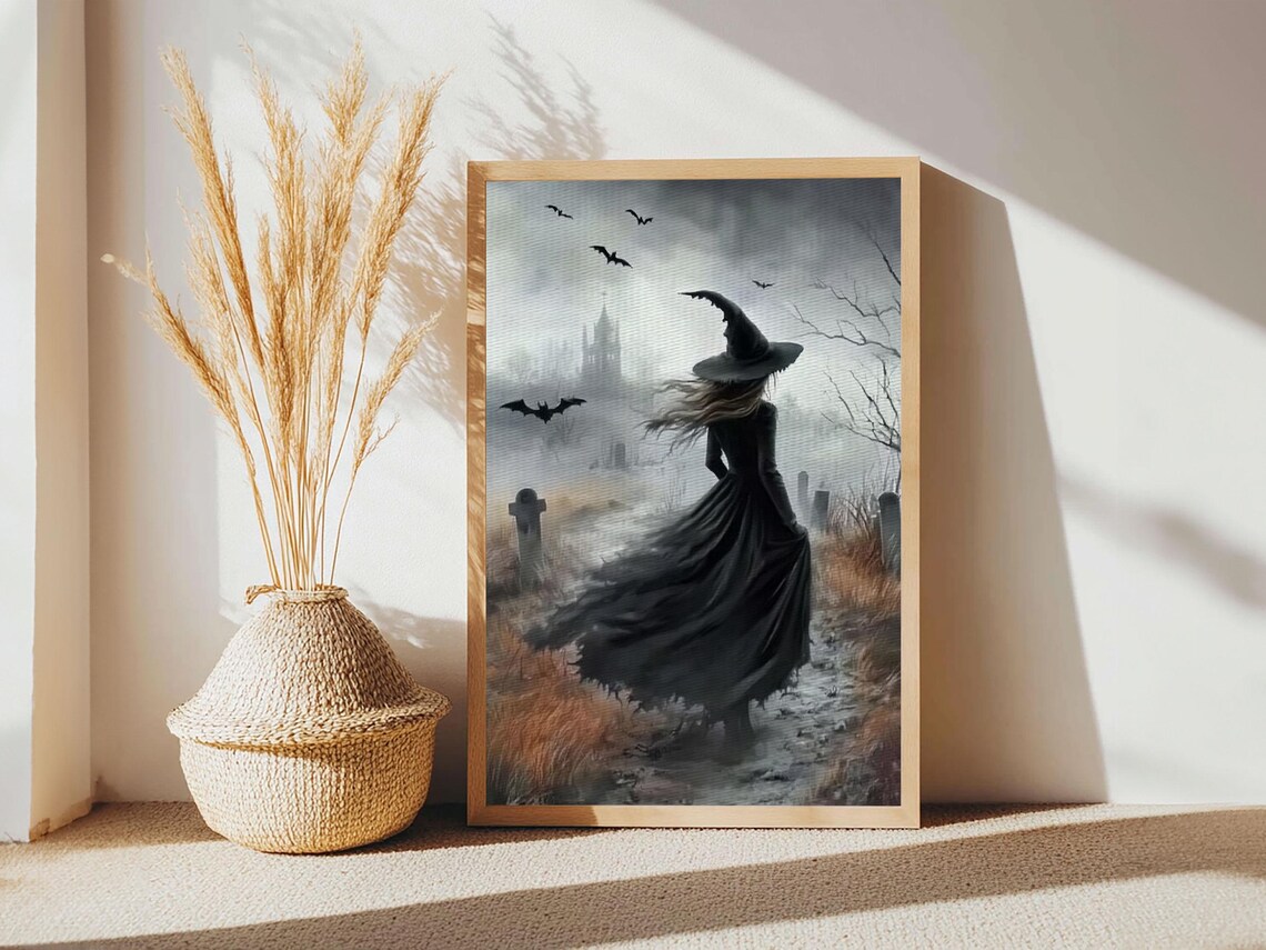 Witch In Foggy Graveyard Bats Gothic Tombstone Dark Halloween Art Poster - Image 3