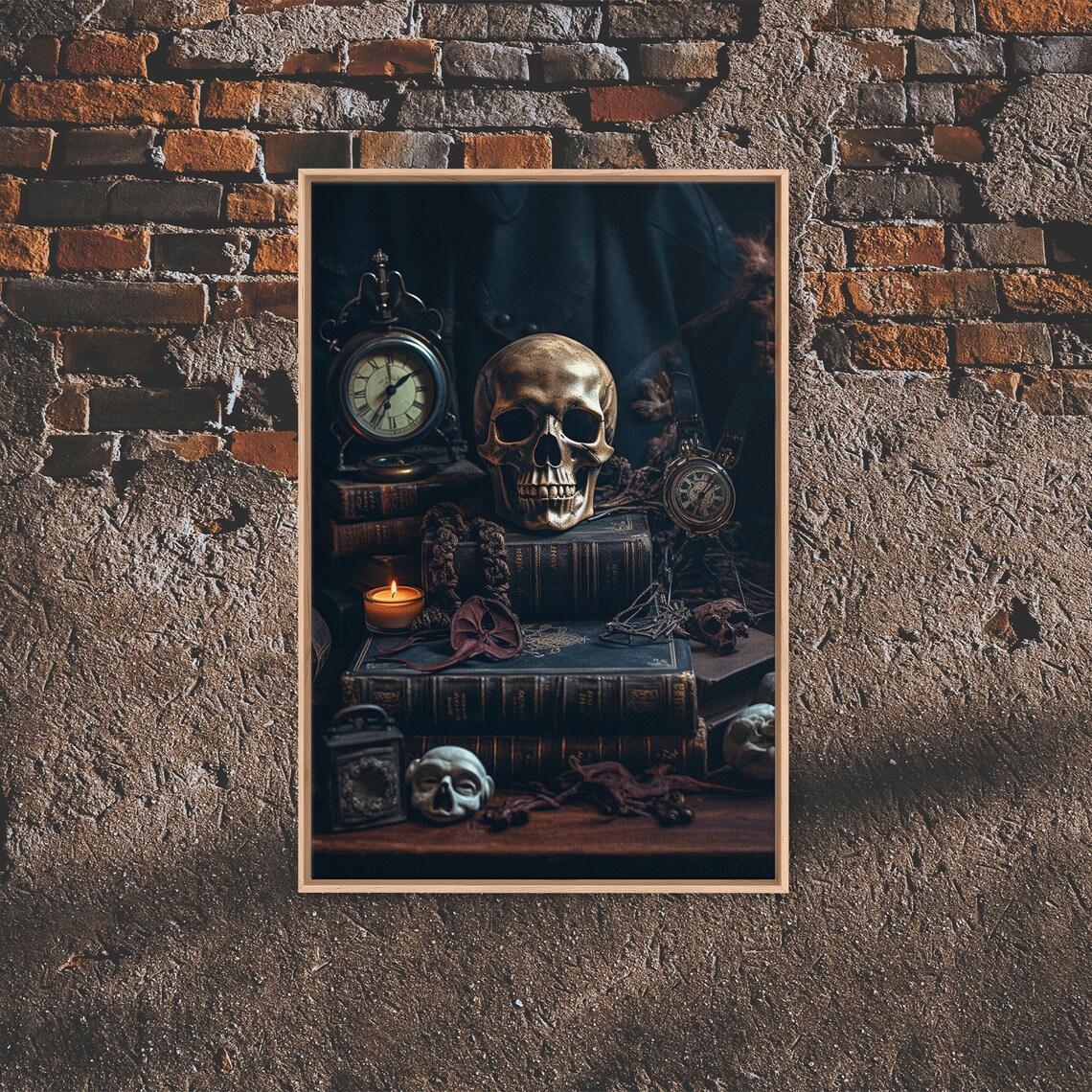 Dark Skull Vanitas Still Life Gothic Antique Clocks Books Candle Moody Wall Art Print