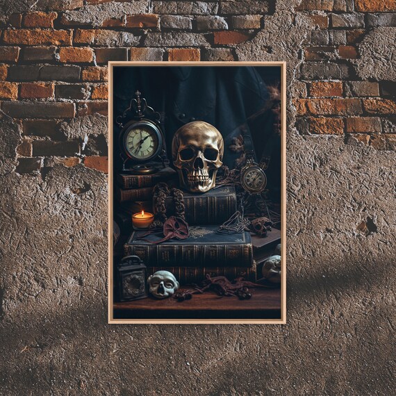 Dark Skull Vanitas Still Life Gothic Antique Clocks Books Candle Moody Wall Art Print