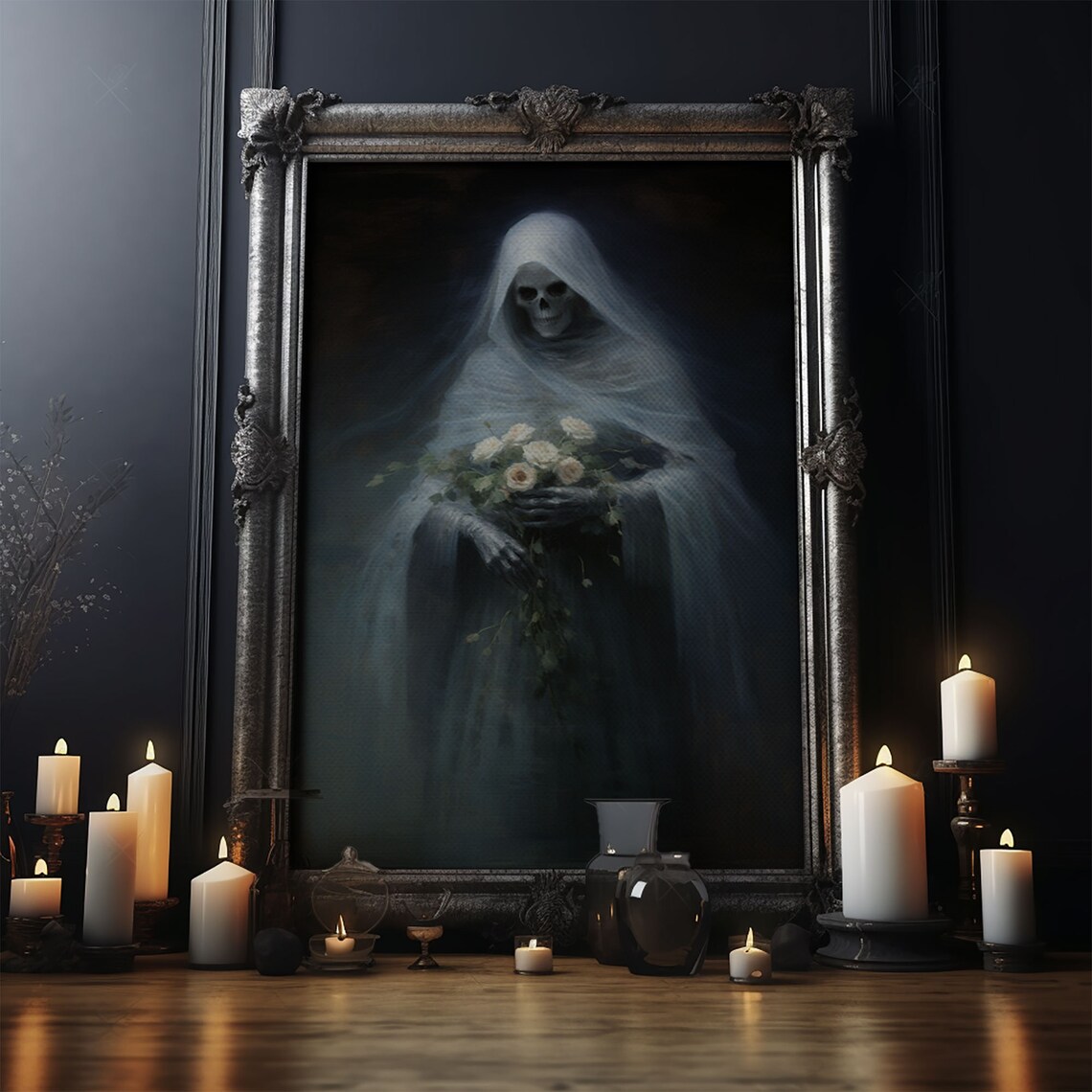 Grim Reaper Holding Flowers, Gothic Halloween Art Print - Image 4