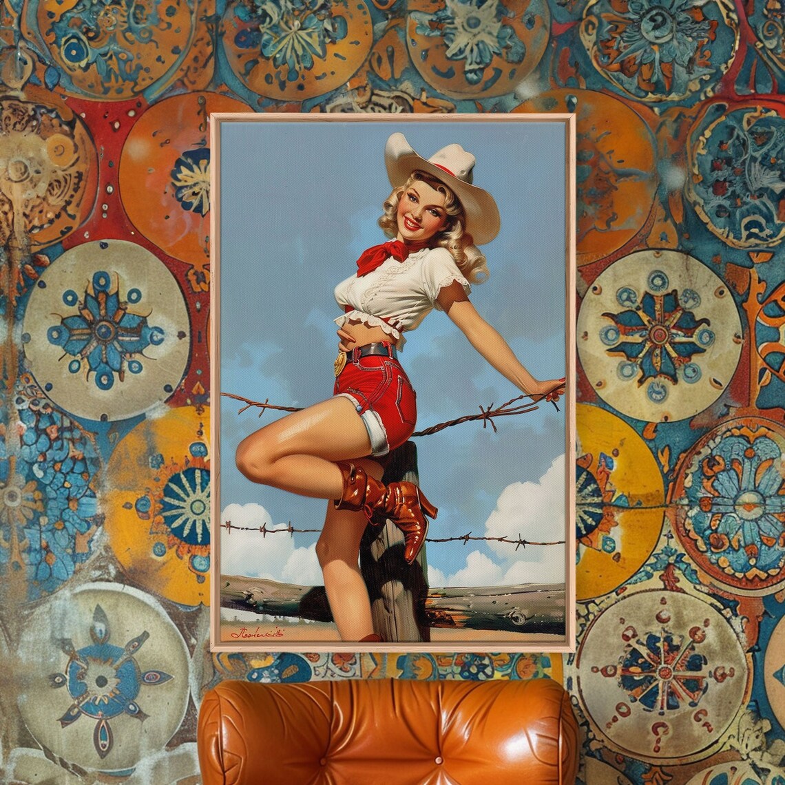 Vintage Cowgirl Pin Up Art Print, Retro Western Classic