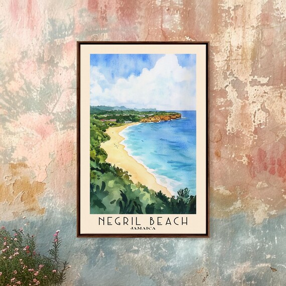 Negril Beach Jamaica Golden Sand Curve Lush Green Cliffs Blue Water Poster