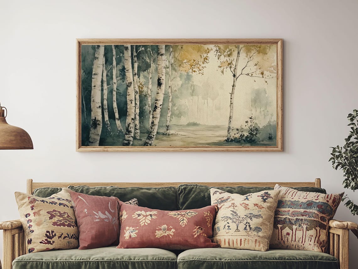 Misty Birch Forest Watercolor Green Gold Abstract Trees Painting Print - Image 6