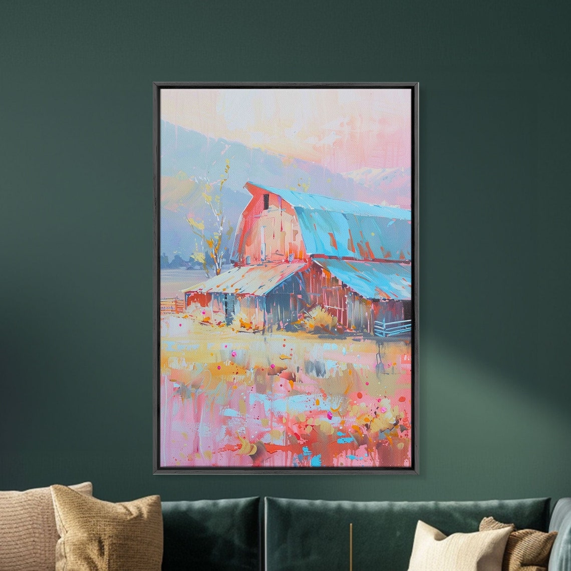 Rustic Red Barn Blue Roof Mountain Countryside Farm Art Wall Poster - Image 3