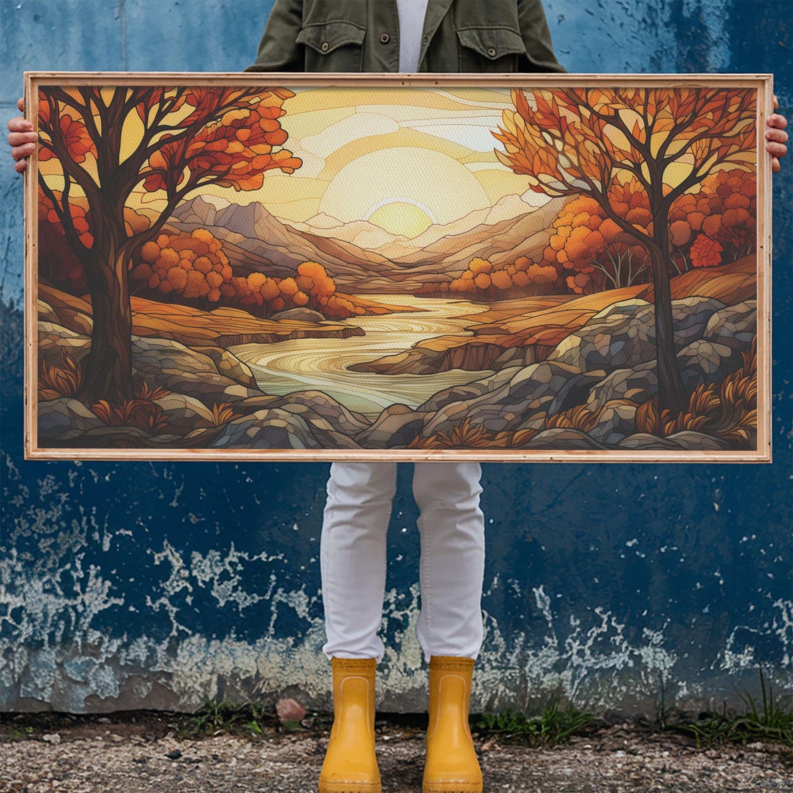 Stained Glass Autumn Sunrise Mountain River Landscape Art Poster - Image 6