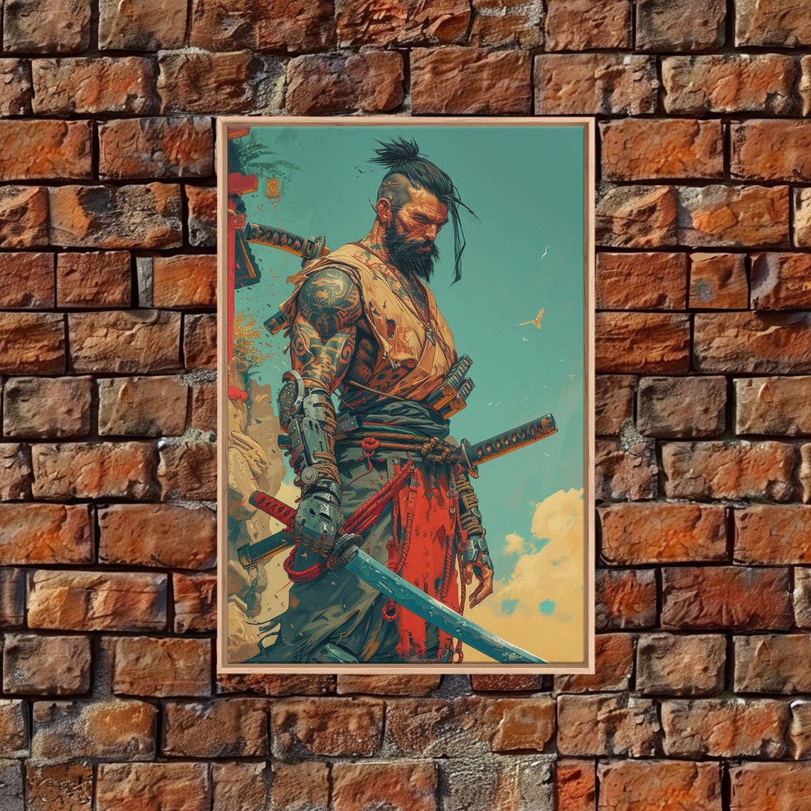 Tattooed Samurai Warrior Ink Punk Poster with Swords on Teal Art - Image 3