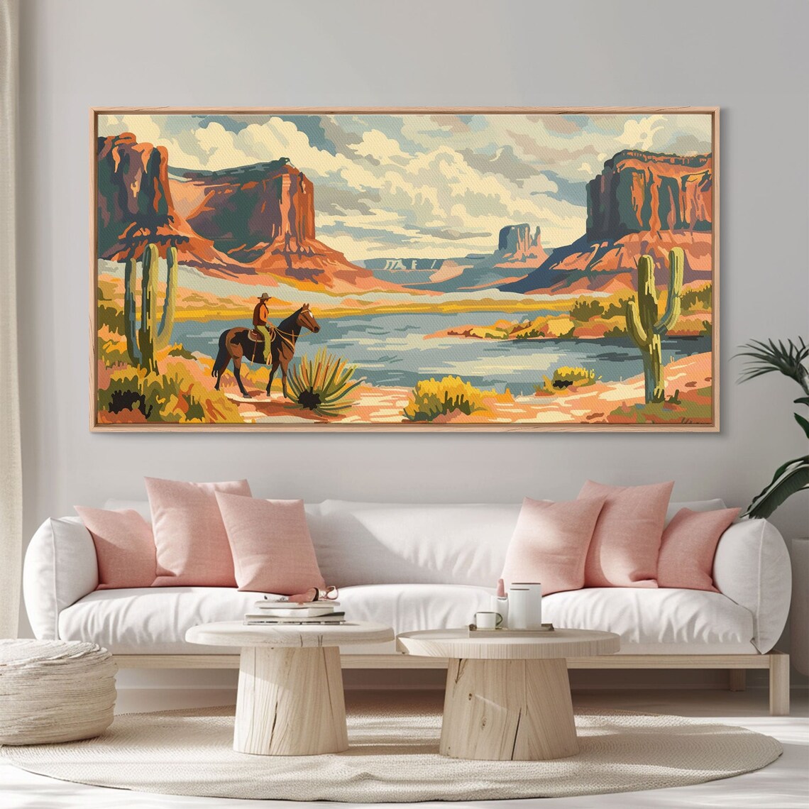 Cowboy In Monument Valley Style Desert River Mesas Vintage Art Poster - Image 4