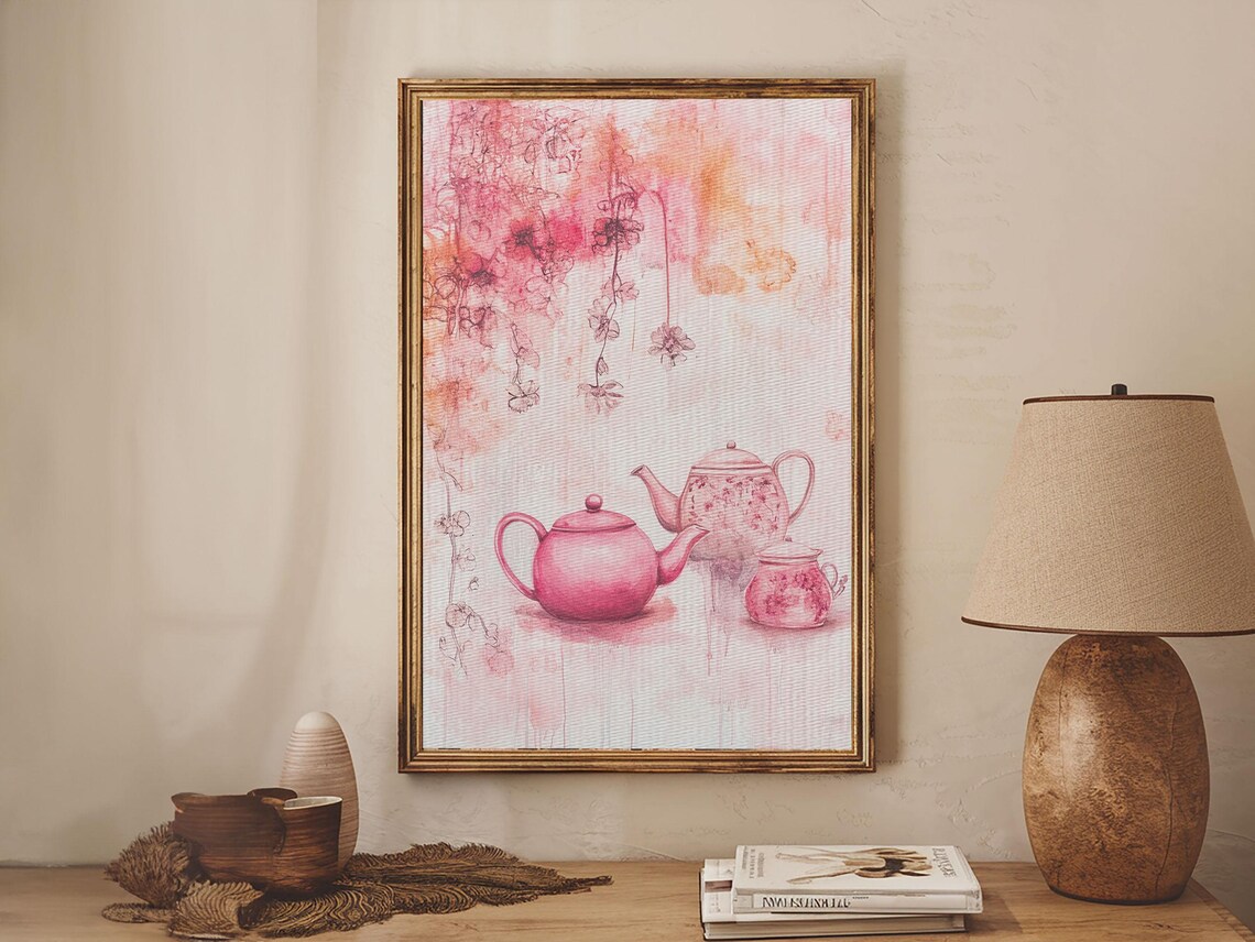 Pink Teapots With Floral Blossoms Watercolor Cozy Tea Wall Art Print - Image 2