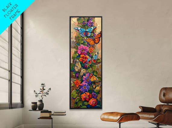 Colorful Abstract Framed Butterfly Art Gouache Style Painting Botanical Wall Art Oversized Long Narrow Wall Art For Bedroom