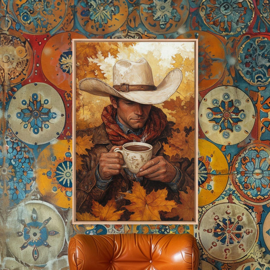 Cowboy With Coffee Mug Autumn Maple Leaves Warm Cozy Art Poster - Image 2